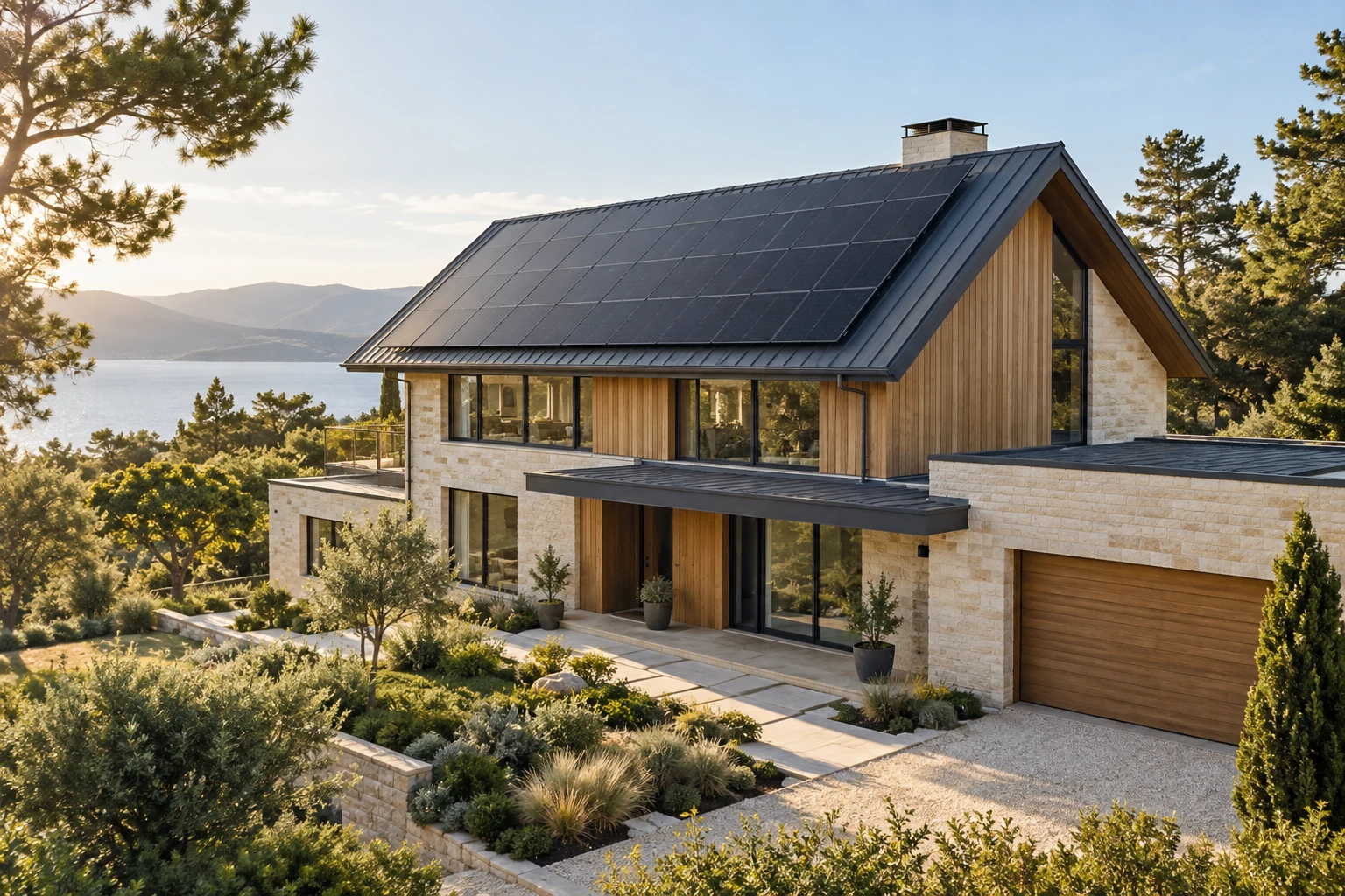 Illustration of a contemporary home with rooftop solar panels in warm afternoon sunlight